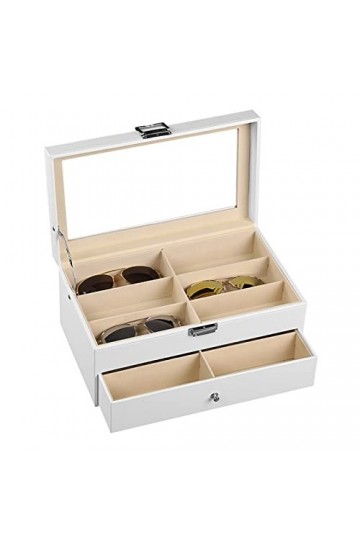 Femmes Hommes Organisateur de Lunettes de Soleil, Blanc en cuir PU doubles couches 12 Machines à sous Lunettes Box Holder Eff