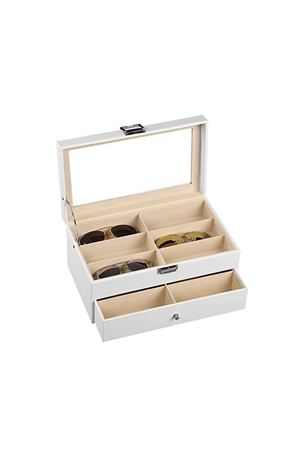Femmes Hommes Organisateur de Lunettes de Soleil, Blanc en cuir PU doubles couches 12 Machines à sous Lunettes Box Holder Eff