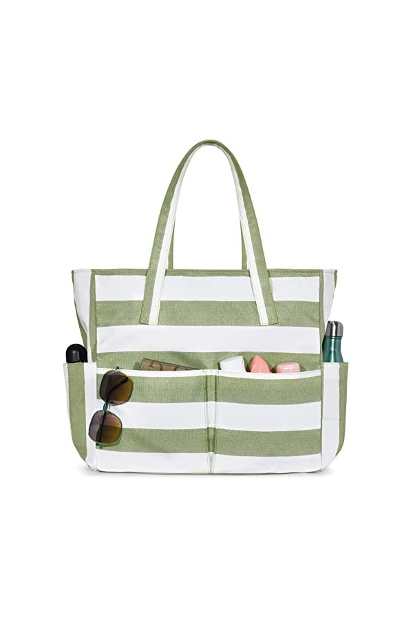 oscaurt Sacs de plage pour femmes, sac de plage imperméable avec 9 poches, grand sac fourre-tout avec fermeture éclair, essen