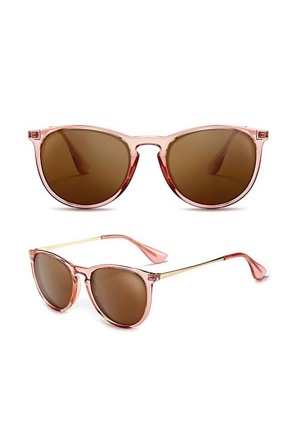 SUNGAIT Lunettes de Soleil Rondes Vintage pour Femmes Fille Classique Retro Designer Style Cadre Ambre Fini Mat / Brown Gr