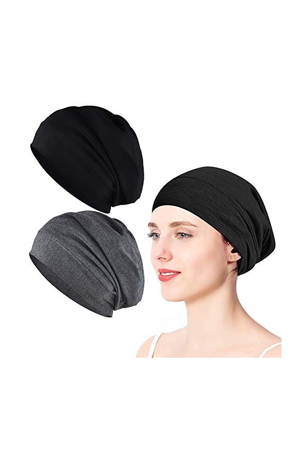 2 Pièces Bonnet de Nuit, XCOZU Élastique Slouch Beanie Bonnet Coton Femme Homme, Unisexe Bonnet Jersey Satin Bonnet Slouchy p