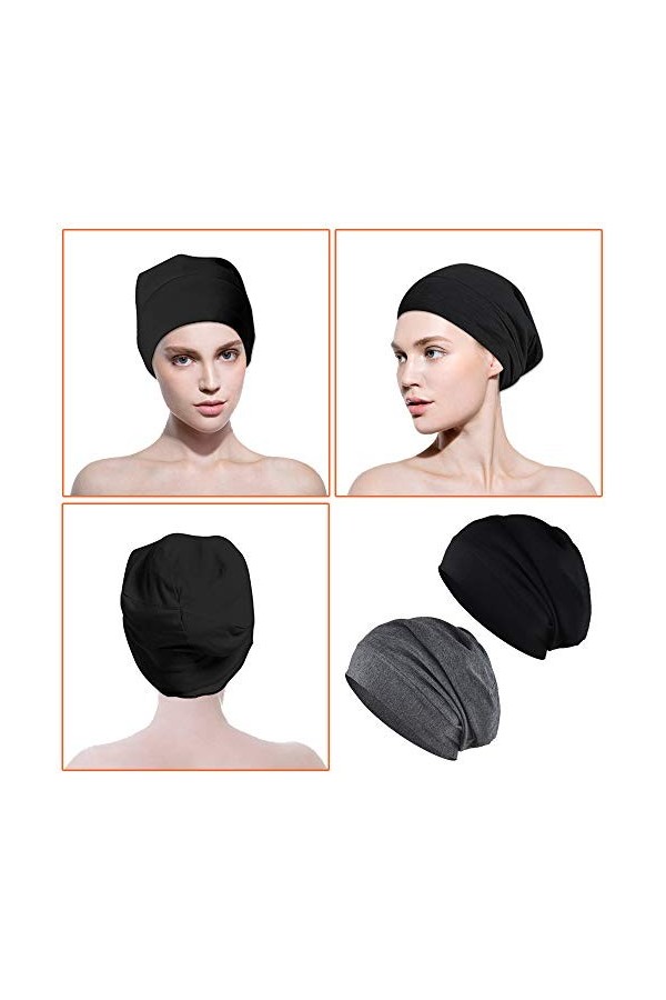 2 Pièces Bonnet de Nuit, XCOZU Élastique Slouch Beanie Bonnet Coton Femme Homme, Unisexe Bonnet Jersey Satin Bonnet Slouchy p