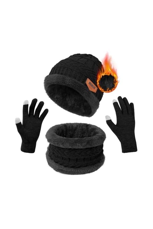 flintronic Bonnet Écharpe et Gants à Écran Tactile, Tricotés Ensemble dhiver Bonnet écharpe Gants décran Tactile Homme Femm