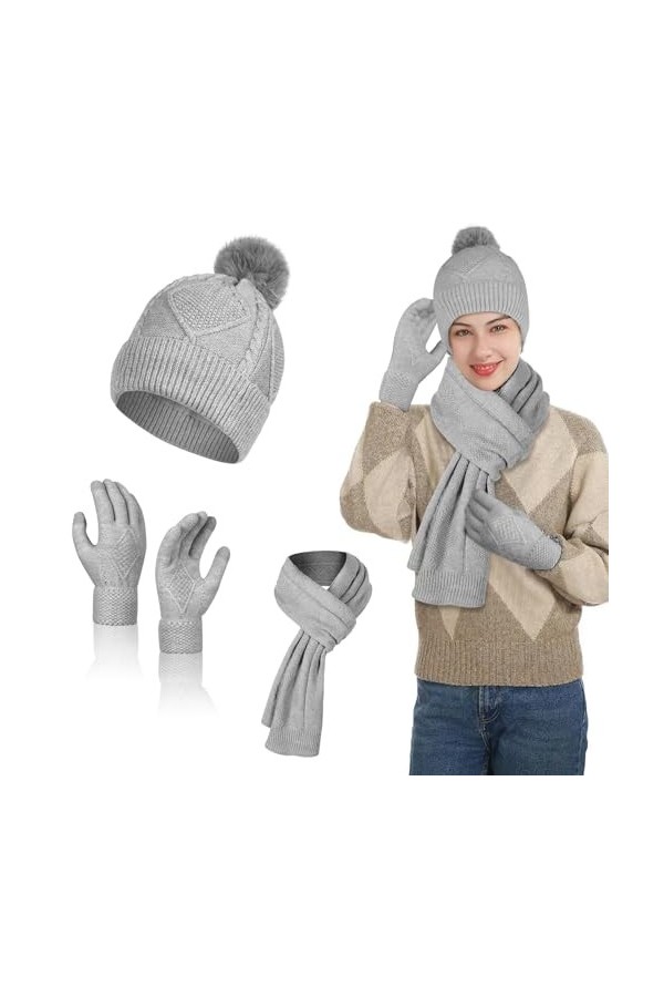 flintronic Bonnet Écharpe et Gants à Écran Tactile, Tricotés Ensemble dhiver Bonnet écharpe Gants décran Tactile Homme Femm