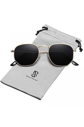 SOJOS Lunettes de Soleil Moderne Géométrique Métal Temples Minces Polarisé Lentille Plate Hexagonal pour Femmes et Hommes SJ1