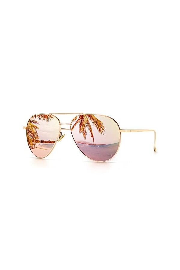 SUNGAIT Lunettes de Soleil Surdimensionnées Légères pour Femmes Lentille Polarisée Miroir Ronde Or clair Cadre/Mirror Rosa Le