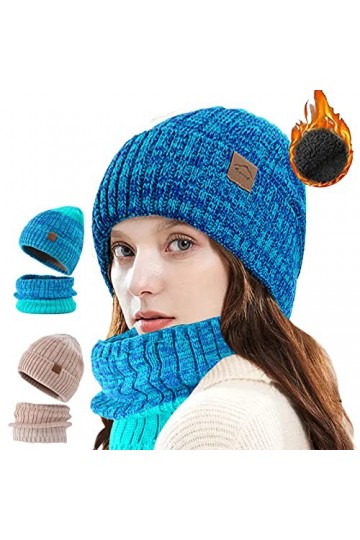 2 Pièces Ensemble Bonnet et Cache-Cou Extensible, Ensemble Bonnet Chaud Rose, Ensemble Couleur Dégradée Bonnet Épais Chaud, P