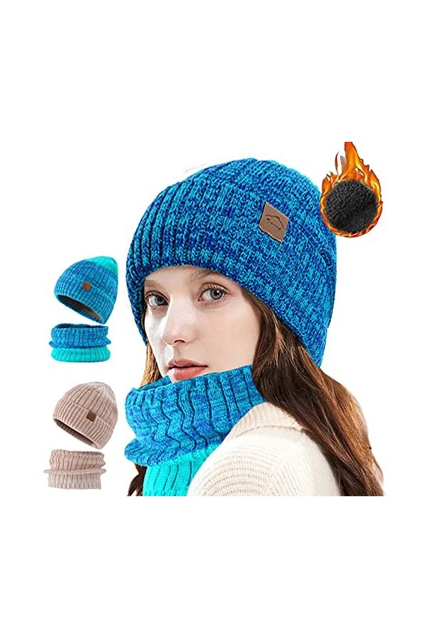 2 Pièces Ensemble Bonnet et Cache-Cou Extensible, Ensemble Bonnet Chaud Rose, Ensemble Couleur Dégradée Bonnet Épais Chaud, P