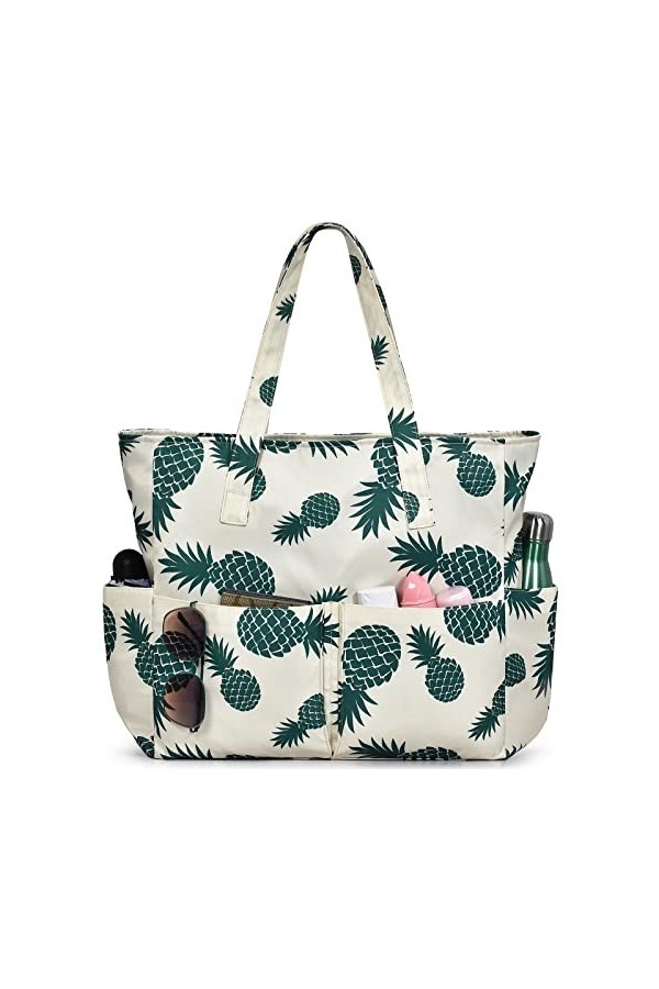 oscaurt Sacs de plage pour femmes, sac de plage imperméable avec 9 poches, grand sac fourre-tout avec fermeture éclair, essen