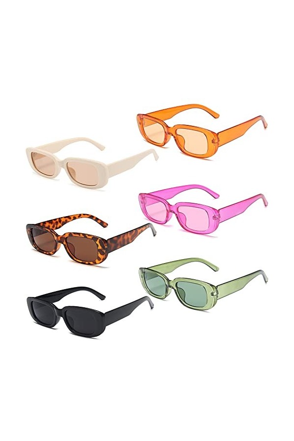 Unning Lot de 6 Lunettes de soleil Femme Rectangulaires Rétro Mode Lunettes de soleil de fête Vintage Party Lunettes Pour Fem
