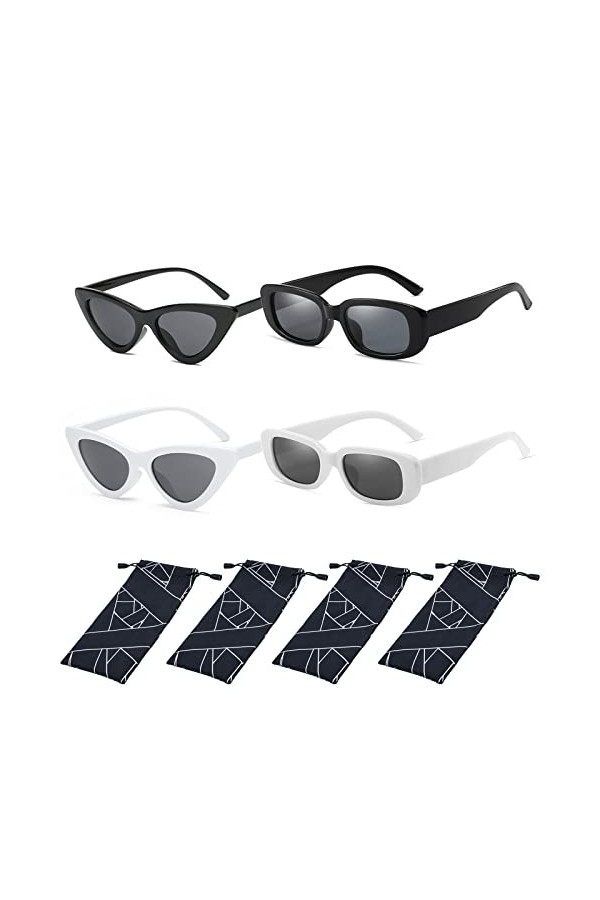 Lunettes de Soleil Oeil Chat Femme Rectangulaire 4pcs Yeux Pour Femmes Lunette Rétro Petit Cadre Classique Protection UV Tria