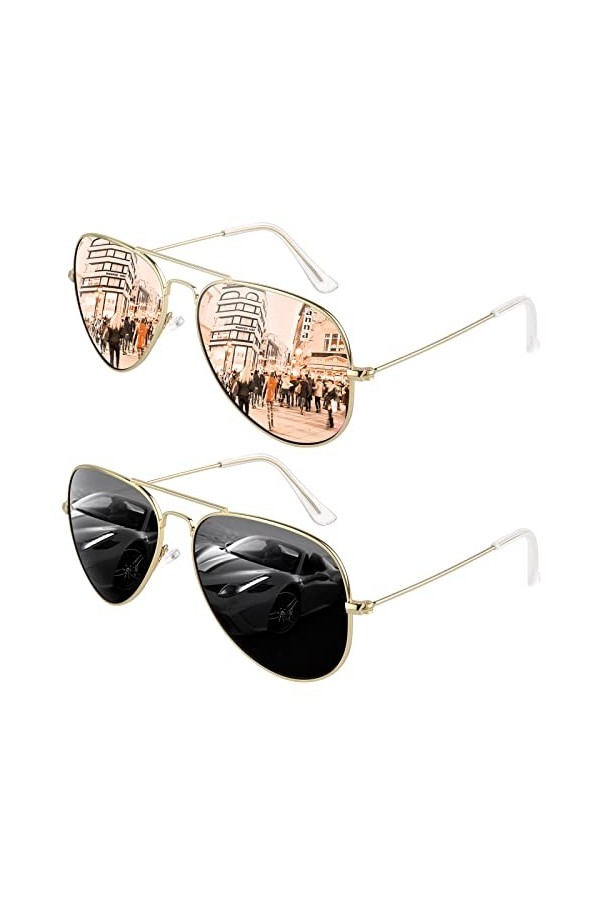 GQUEEN Lunettes de Soleil Femme Classiques Léger Aviateur Pilote Polarisées Miroir Métal UV400 Protection pour Conduite,Or Gr