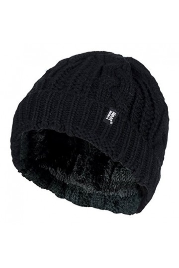 HEAT HOLDERS - Femme Chaud Hiver Automne Doublé Fourrure Polaire Tricot Bonnet avec Manchette Noir TOR , One Size 