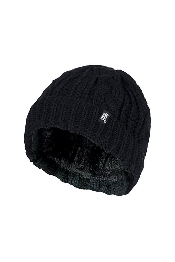 HEAT HOLDERS - Femme Chaud Hiver Automne Doublé Fourrure Polaire Tricot Bonnet avec Manchette Noir TOR , One Size 