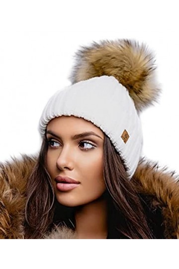 4sold Rita Bonnet à pompon en tricot pour femme Style hiver - Beige - Taille Unique