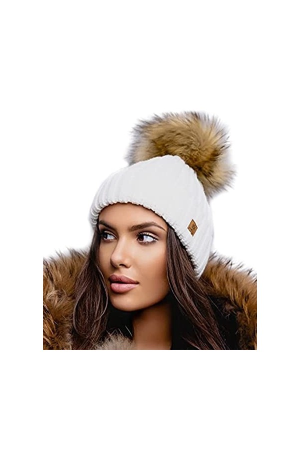 4sold Rita Bonnet à pompon en tricot pour femme Style hiver - Beige - Taille Unique