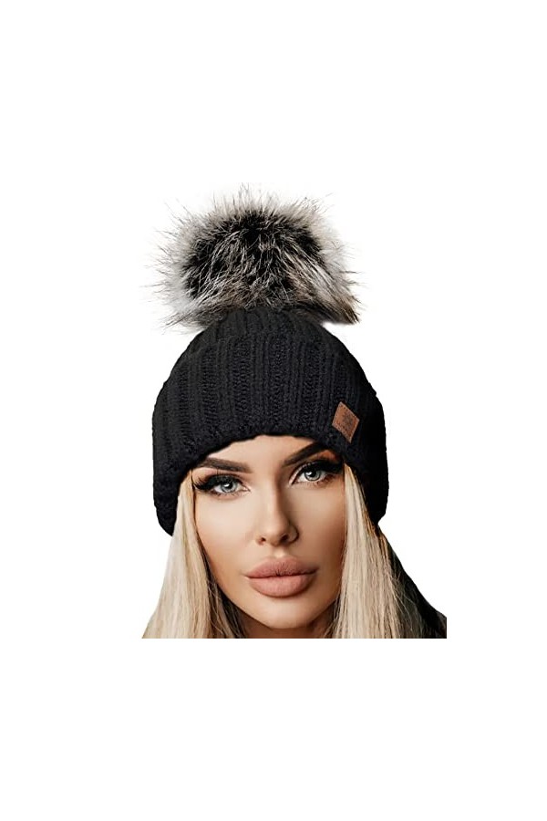 4sold Rita Bonnet à pompon en tricot pour femme Style hiver - Beige - Taille Unique