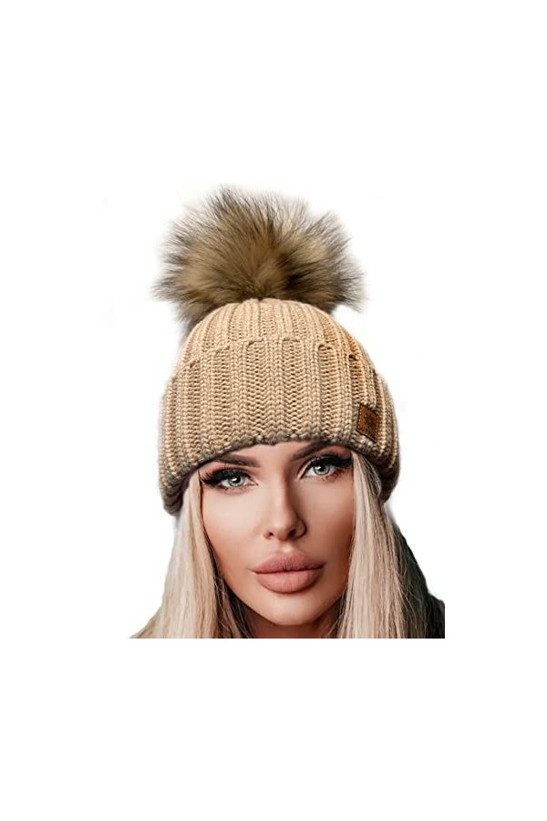 4sold Rita Bonnet à pompon en tricot pour femme Style hiver - Beige - Taille Unique