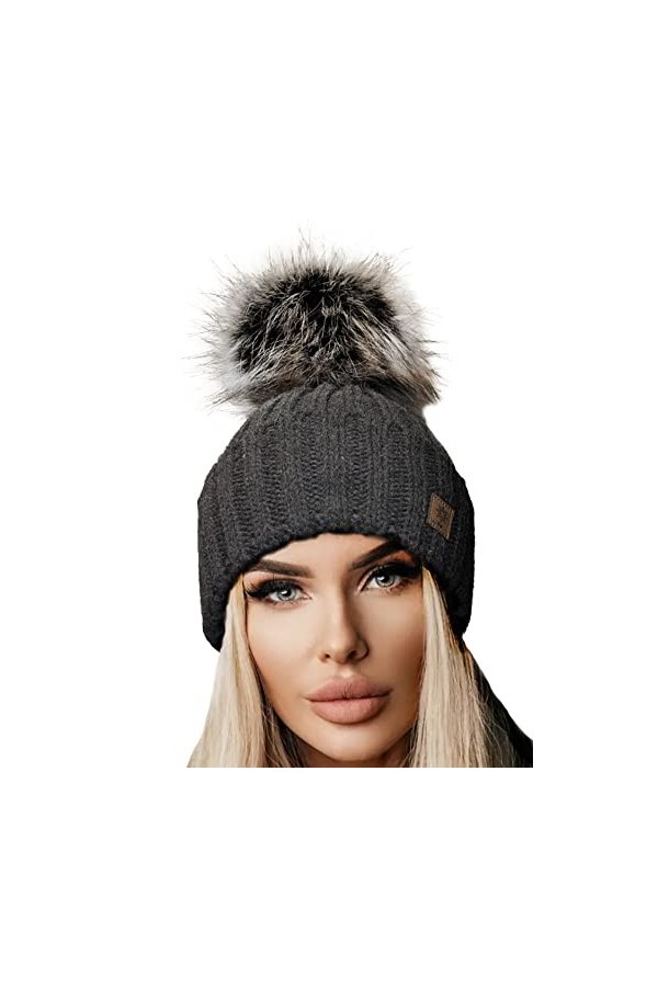 4sold Rita Bonnet à pompon en tricot pour femme Style hiver - Beige - Taille Unique