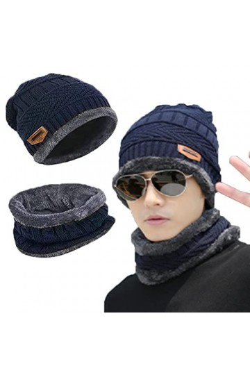 Tuofang Bonnet Chaud écharpe Ensemble pour Adulte, Hommes Femmes dhiver Extensible Chaud Doublure en Polaire Épais Chapeau A