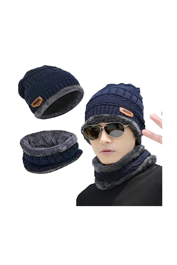 Tuofang Bonnet Chaud écharpe Ensemble pour Adulte, Hommes Femmes dhiver Extensible Chaud Doublure en Polaire Épais Chapeau A