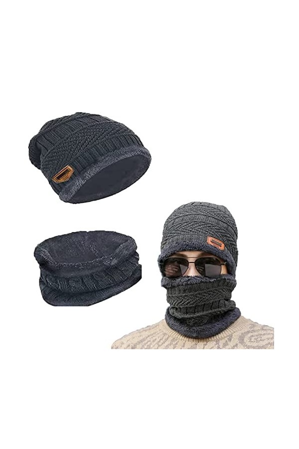 Tuofang Bonnet Chaud écharpe Ensemble pour Adulte, Hommes Femmes dhiver Extensible Chaud Doublure en Polaire Épais Chapeau A