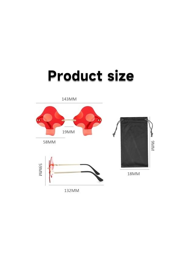 MEMOFYND 1 pièces de lunettes de soleil champignon sans monture, 1 sac de rangement, lunettes de fête Rave, lunettes de solei