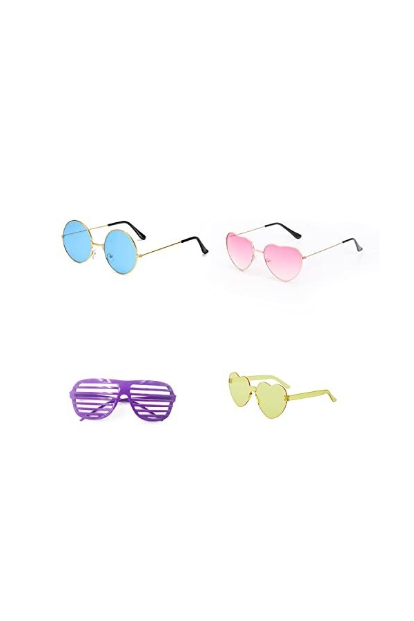 ZWZNBL Lot de 4 lunettes hippie, lunettes de soleil, protection UV, lunettes de mode, lunettes fines, lunettes de soleil rond