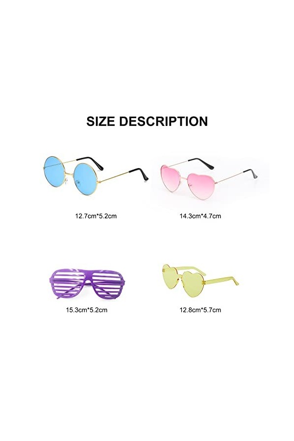 ZWZNBL Lot de 4 lunettes hippie, lunettes de soleil, protection UV, lunettes de mode, lunettes fines, lunettes de soleil rond
