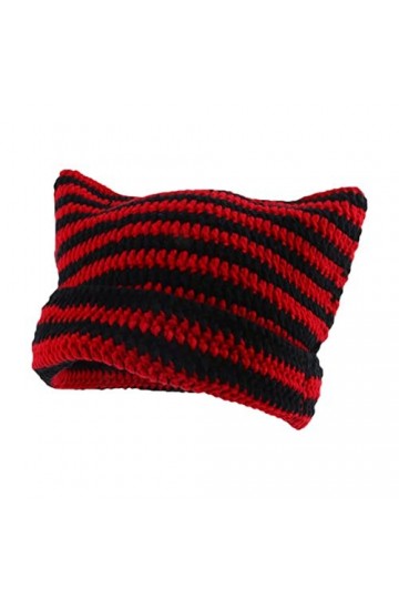 LIUZHIPENG Bonnet chaud en laine tricotée avec oreilles de chat mignon pour femme et fille, noir/rouge, taille unique