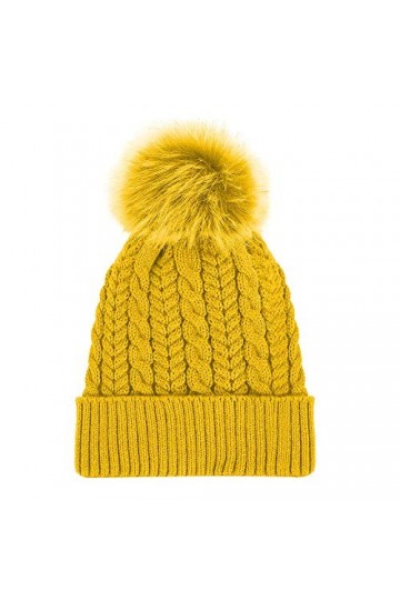 Diffusion Bonnet dhiver pour femme avec pompon en fourrure épaisse et polaire tricotée - Jaune - Taille unique