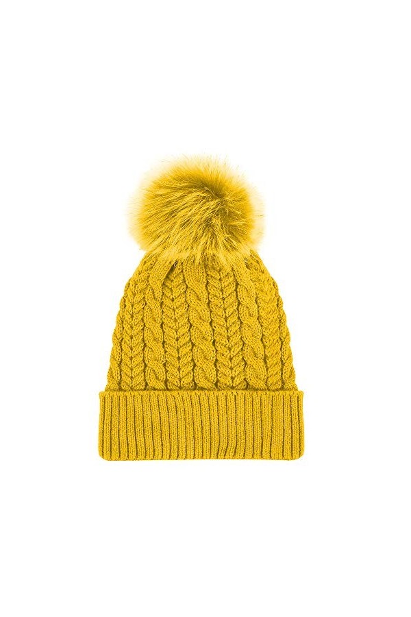 Diffusion Bonnet dhiver pour femme avec pompon en fourrure épaisse et polaire tricotée - Jaune - Taille unique