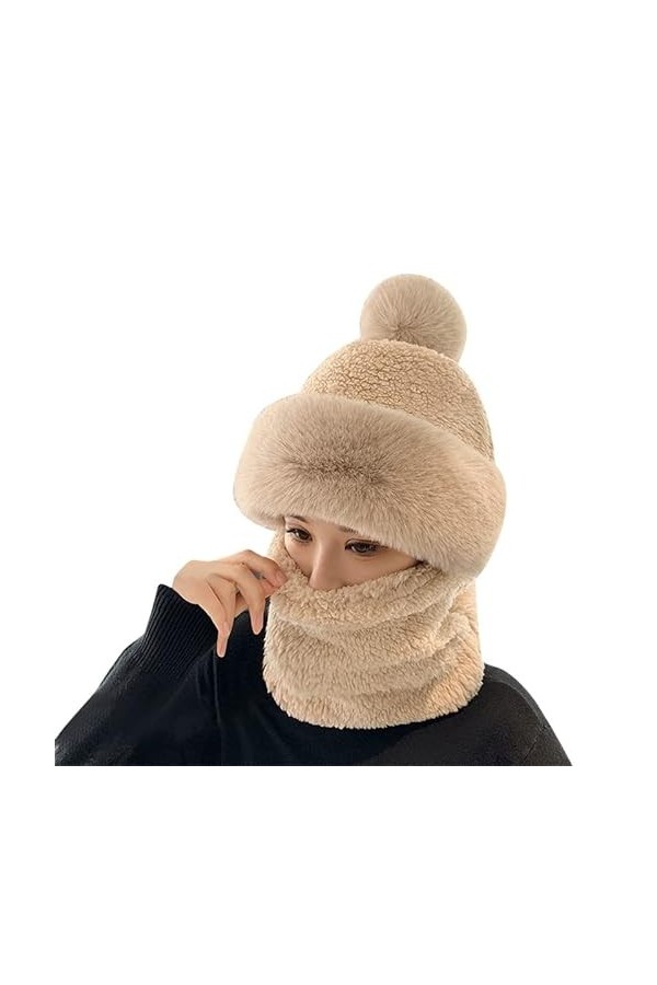 Bonnet une pièce en polaire pour femme - Écharpe à capuche - Cache-cou - Cagoule chaude dhiver - Bonnet de ski avec pompon e