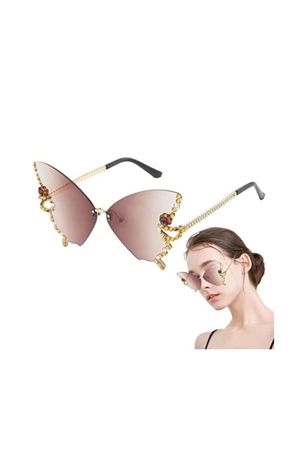 Lunettes de soleil sans monture pour femme | Lunettes dété sans monture papillon avec strass | Lunettes de soleil sans montu