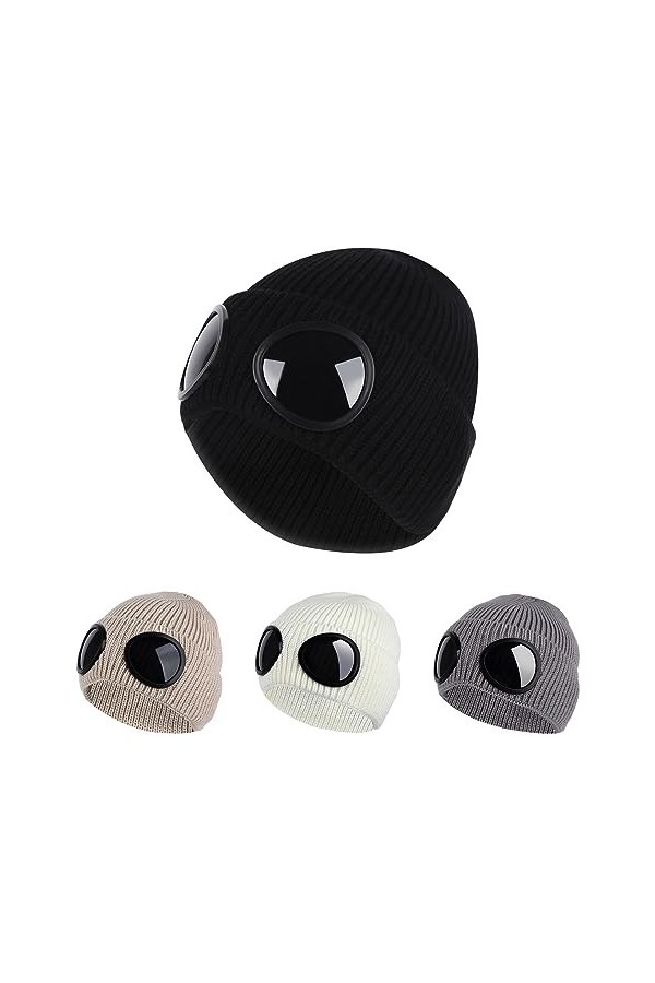 Bonnet Tricoté à la Mode pour Les Hommes et Les Femmes Bonnet Chaud dautomne et dhiver avec Lunettes Coupe-Vent Bonnet Tric