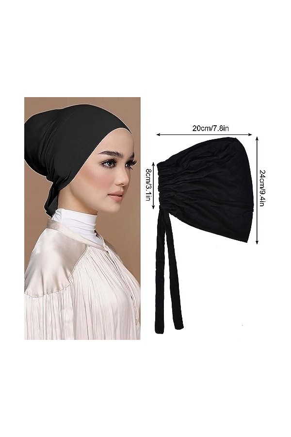Mikihat 2 Pièces Hijab Femme Musulmane, Bonnet Hijab Femme élastique, Hijab Undercap Réglables, Bonnet de Sommeil Noir Gris F