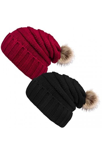YSense 2pcs Bonnet Femme Hiver avec Pompon, Bonnet en Tricot Chaud avec Doublure Polaire 2-Noir + Rouge 