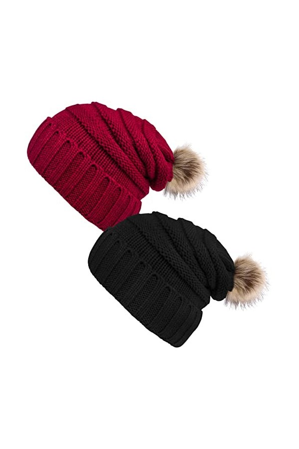 YSense 2pcs Bonnet Femme Hiver avec Pompon, Bonnet en Tricot Chaud avec Doublure Polaire 2-Noir + Rouge 
