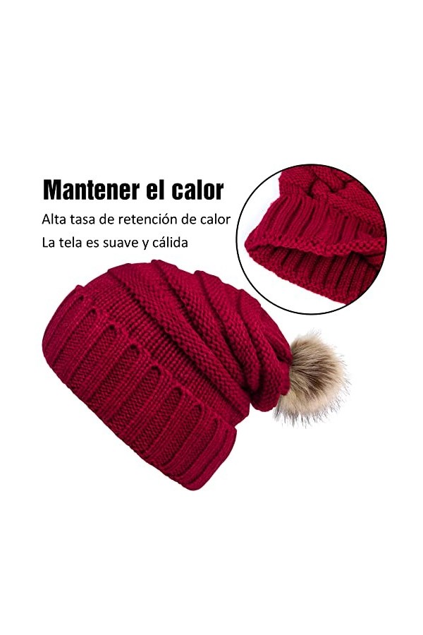 YSense 2pcs Bonnet Femme Hiver avec Pompon, Bonnet en Tricot Chaud avec Doublure Polaire 2-Noir + Rouge 
