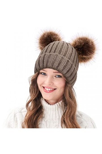 Arctic Paw Bonnet dhiver en tricot torsadé pour femme avec oreilles à pompons en fausse fourrure, Kaki_double oreilles., Tai