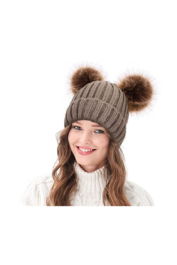 Arctic Paw Bonnet dhiver en tricot torsadé pour femme avec oreilles à pompons en fausse fourrure, Kaki_double oreilles., Tai