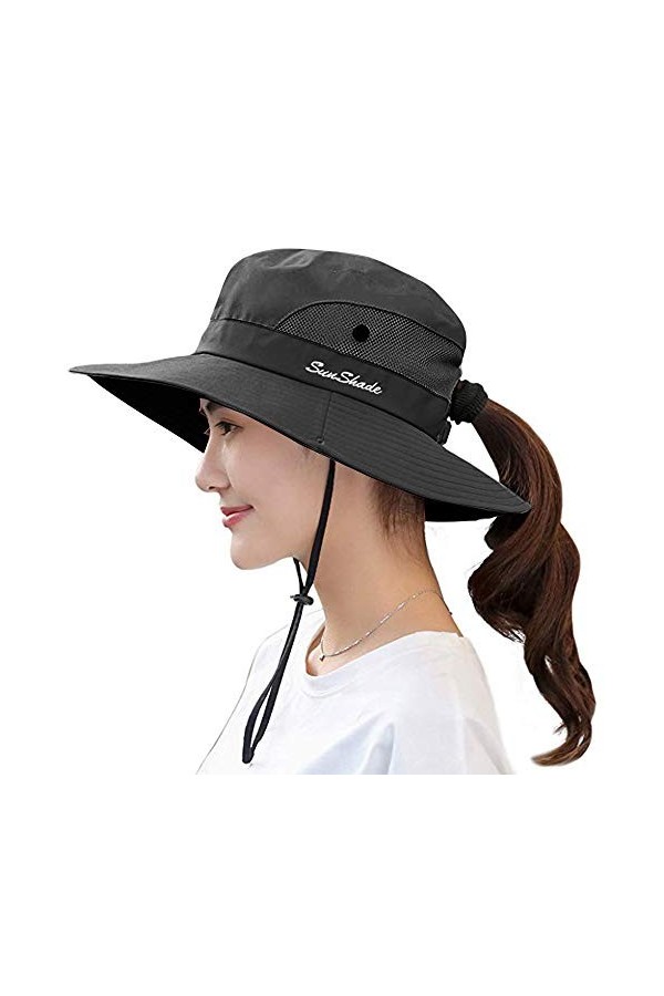 Queue de cheval pour femme - Chapeau dété - Protection UV - Safari - Randonnée - Large bord - Pliable - Maille filet, Gris p
