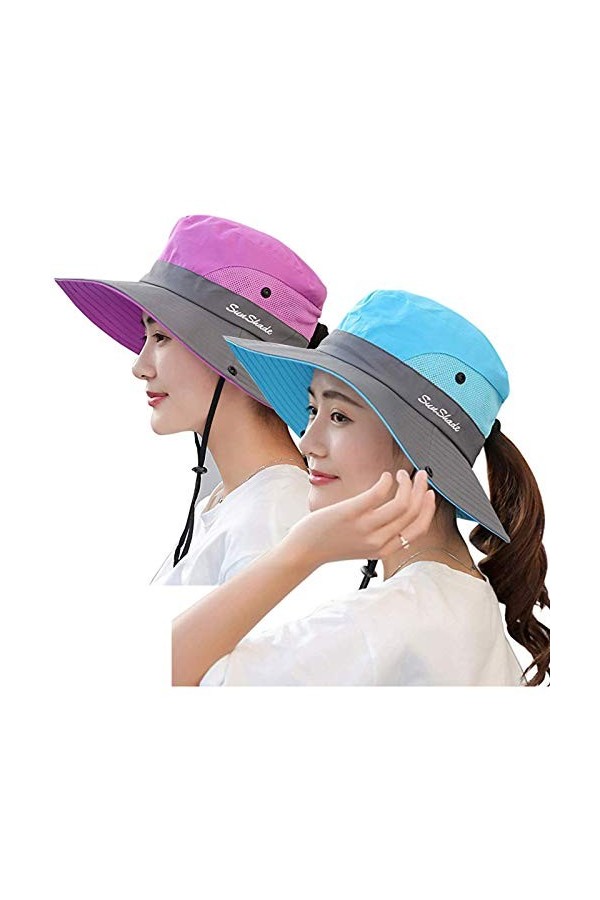 Queue de cheval pour femme - Chapeau dété - Protection UV - Safari - Randonnée - Large bord - Pliable - Maille filet, Gris p