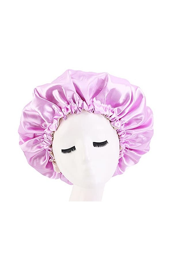 Cospack Bonnet de sommeil en satin – Extra large double couche réversible réglable en satin pour dormir les cheveux lavande 