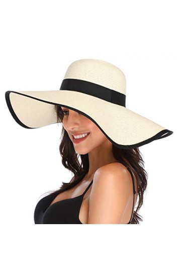 Lanzom Chapeau de paille pliable à large bord pour femme 14 cm UPF 50+ - - Taille unique