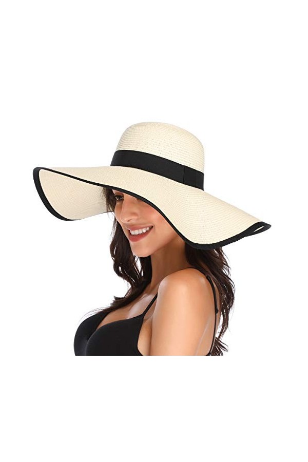 Lanzom Chapeau de paille pliable à large bord pour femme 14 cm UPF 50+ - - Taille unique