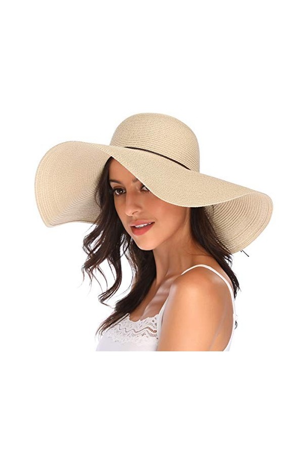 Lanzom Chapeau de paille pliable à large bord pour femme 14 cm UPF 50+ - - Taille unique