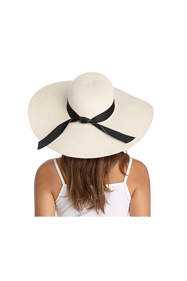 Lanzom Chapeau de paille pliable à large bord pour femme 14 cm UPF 50+ - - Taille unique