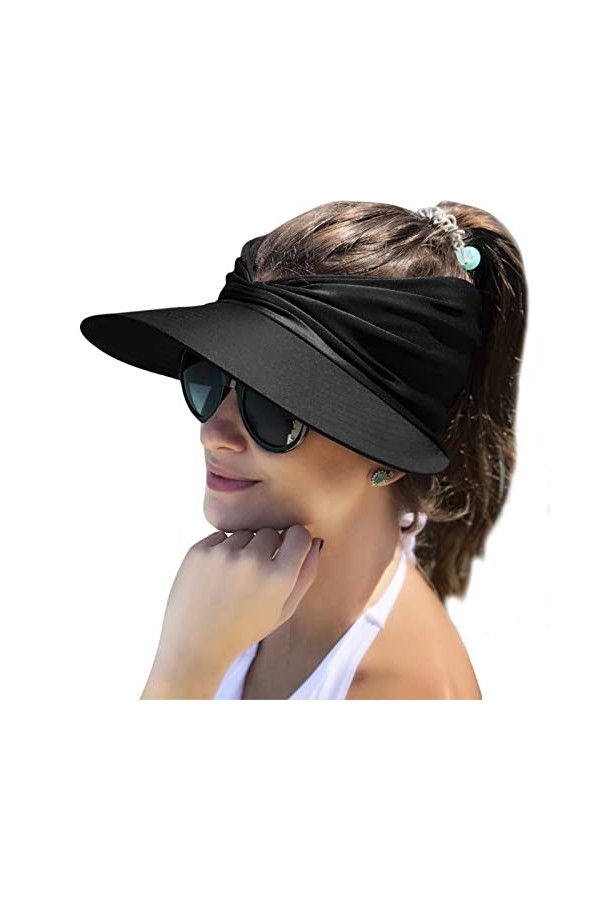 Muryobao Chapeau à visière large pour femme - Protection UV UPF 50+ - Pour la plage et le sport, noir, Taille unique
