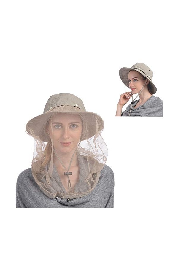 USHAKE Chapeau de safari avec moustiquaire dissimulée - Marron - taille unique